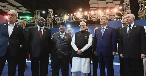 Russia's President Vladimir Putin, China's President Xi Jinping, India's Prime Minister Narendra Modi, Indonesia's President Prabowo Subianto, South Africa's President Cyril Ramaphosa and Iran's President Masoud Pezeshkian pose for a picture during the Brics summit in New Delhi, India, September 12, 2026. Picture: Sputnik/Kristina Solovyova/Pool via Reuters