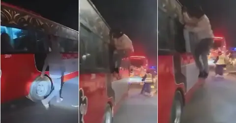 The footage shows the victim of the phone snatcher hauling himself out the bus's window and giving chase.