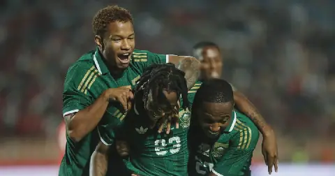 Puso Dithejane celebrates his goal for Bafana Bafana with teammates Shandre Campbell and Ime Okon in their friendly 1-0 win against Egypt at Cairo International Stadium in Cairo on October 4 2026. Picture: BackpagePix/Weam Mostafa