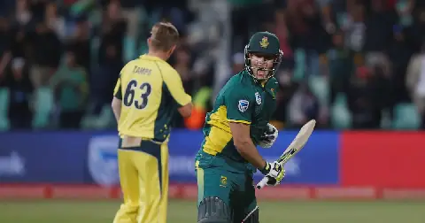 David Miller celebrates winning the third ODI match against Australia at Kingsmead, Durban, October 5 2016. REUTERS/Rogan Ward