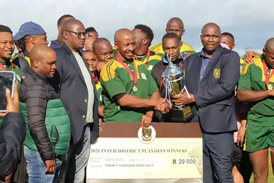 Qoboqobo United celebrate being crowned first division champions after winning the district playoffs in Komga at the weekend