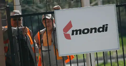 Mondi workers stand behind a fence in Stamboliyski, Bulgaria. Picture: STOYAN NENOV/REUTERS