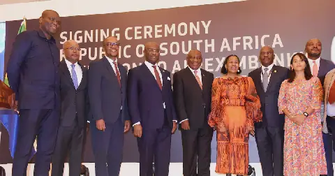 President Cyril Ramaphosa, together with trade, industry & competition minister Parks Tau, international relations & co-operation minister Ronald Lamola and president and chairman of the board of directors of Afreximbank George Elombi and other officials, during an Afreximbank signing ceremony in Johannesburg, on February 4 2026. Picture: Freddy Mavunda/Business Day