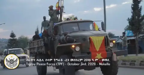 Men ride in a vehicle bearing the Tigray regional flag in Mekelle, Ethiopia, on October 3 2026. Picture: Tigrai Peace Force/Reuters
