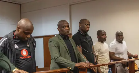 Lindokuhle Mkhwanazi, 30, Lindani Ndimande, 35, Siyanda Myeza, 23, Mziwethemba Gwabeni, 36, and Lindokuhle Ndimande, 29, appear at the Durban high court in relation to the murder of rapper Kiernan 'AKA' Forbes. Picture: SANDILE NDLOVU