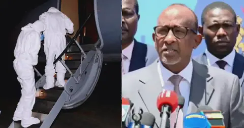 Photo collage of health professionals wearing protective gear while transporting an Ebola patient and Health CS Aden Duale at a press conference addressing Ebola preparedness in Kenya. (Image: WHO-NTV)