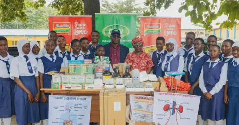 Students and teachers of Ikeja Senior Grammar School receive laboratory equipment donated by Dufil Prima Foods Limited to strengthen practical science education and hands-on learning