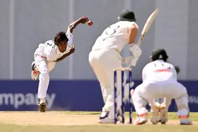 Bangladesh bowler Hasan Mahmud sends down a delivery on the third day of the first cricket Test match against Australia at Marrara Stadium in Darwin on August 15, 2026.