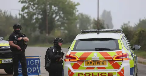 Police guard an area near the RAF Fairford airbase after police declared a major incident at the base in Fairford, Gloucestershire, Britain, on September 29 2026. Picture: Reuters/Toby Shepheard