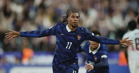 Michael Olise celebrates scoring France's third goal in their Uefa Nations League win against Belgium at Stade de France in Saint Denis, Paris on Monday.