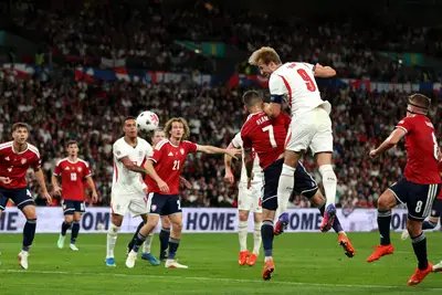 England's Harry Kane scores the team's third goal during the UEFA Nations League, League A, Group 3 match against the Czech Republic at Wembley Stadium in London on October 6, 2026.