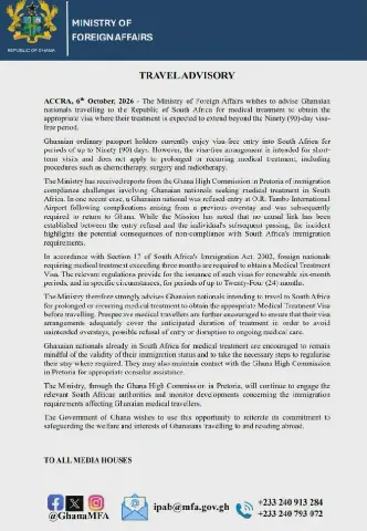 Ghana cautions medical travellers to South Africa over visa requirements