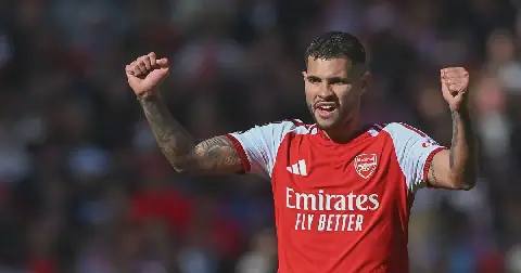 Bruno Guimaraes of Arsenal celebrates after scoring the 2-1 goal during the English Premier League match against Leeds United, in London, Britain, 10 October 2026.