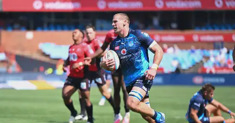 Cameron Hanekom of Bulls scores a try during the United Rugby Championship 2026/27 match against the Lions at Loftus Versfeld Stadium in Pretoria on 10 October 2026.