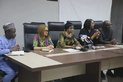L-R Mr. Agboola Oluwakorede (Director, Veterinary Medicine & Applied Products), Mrs. Edwards Eva (Director, Food Safety and Applied Producta), Prof. Christianah Adeyeye (Director-General, NAFDAC), Dr. Momodu Rametu (Director, Narcotics and Controlled Substances), and Mr. Babatunde Yusuf (Director, Food Laboratory Services )Pesticides