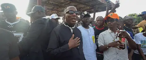 Omoyele Sowore, Presidential candidate of African Action Congress (AAC) (third left), with his entourage during his visit to the site of the Nigerian Air Force aircraft crash in Igbokoda, Ondo State, on Friday.