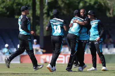 EC Iinyathi's Sithembile Langa celebrates the wicket of Bryce Parsons from Hollywood Bets Dolphins during their T20 match at Buffalo Park Cricket Stadium