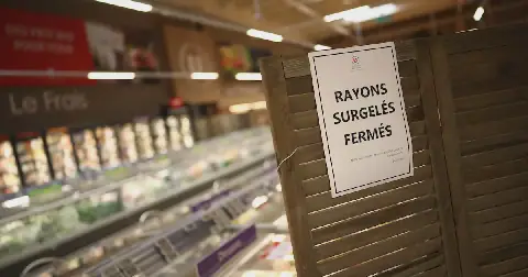 View of the closed frozen food aisle at a supermarket near Nantes after a cyberattack targeted refrigeration systems at French supermarket chains, causing food losses and fires at several stores, France, October 12 2026. REUTERS/Stephane Mahe