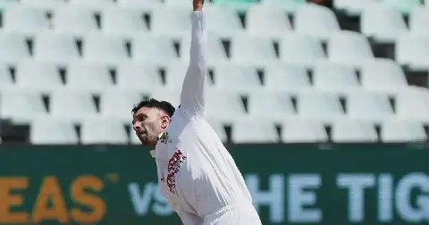 Keshav Maharaj bowls for the Proteas on day four of the first Test against Australia at Kingsmead in Durban on 12 October 2026. Picture: Muzi Ntombela/BackpagePix