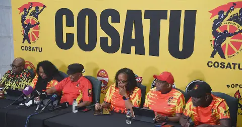 Cosatu president Zingiswa Losi, first deputy president Mike Shingange, second deputy president Duncan Luvuno, secretary-general Solly Phetoe, deputy secretary-general Gerald Twala and national treasurer Freda Oosthuysen. Picture: Business Day/Freddy Mavunda