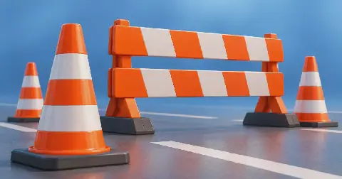 Conceptual illustration of traffic cones and a road barrier; no actual location or operation depicted.
