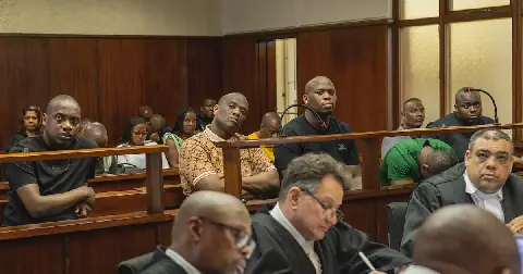 Murder suspects Siyanda Myeza, 21, Mziwethemba Gwabeni, 36, Lindokuhle Mkhwanazi, 30, Malusi Ndimande and Siyabonga Ndimande appear in the Durban high court for the alleged murder of rapper Kiernan 'AKA' Forbes. Photo: Sandile Ndlovu