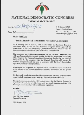 NDC establishes committees for December 2026 congress