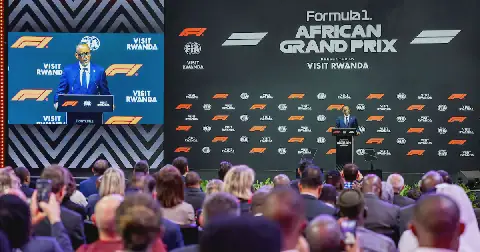 Rwanda's President Paul Kagame speaks at a press conference as Formula One and Rwanda agree on a 10-year deal to host a race from the early 2030s. Picture: Reuters/Jean Bizimana