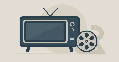 Conceptual navy and cream illustration of a television and film reel; no person or actual event is depicted.