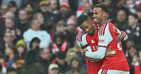 Ezri Konsa of Arsenal celebrates with his teammate Gabriel after scoring the 1-0 goal during the English Premier League match against Everton FC, in London, Britain, 24 October 2026.