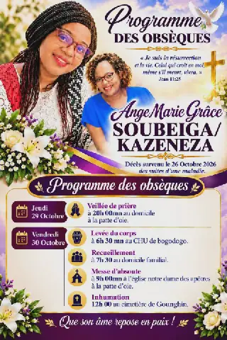 Décès de Ange Marie Grâce SOUBEIGA/KAZENEZA : Programme des obsèques