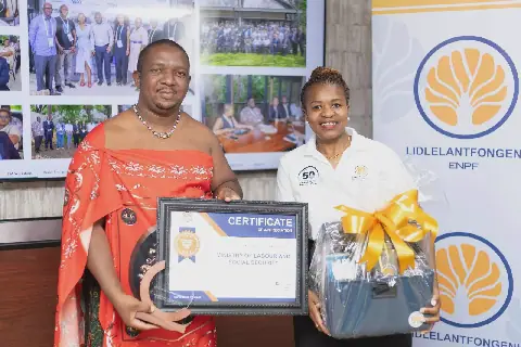 Minister of Labour and Social Security Phila Buthelezi received goodies from ENPF CEO Futhi Tembe on Thursday.