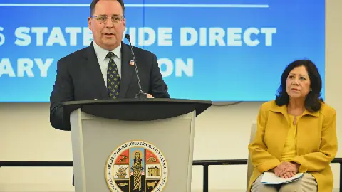 Los Angeles County Registrar-Recorder Dean Logan speaks at a press conference on June 2, 2026. His office confirmed to NPR on Thursday that it received grand jury subpoenas directed at employees last week.